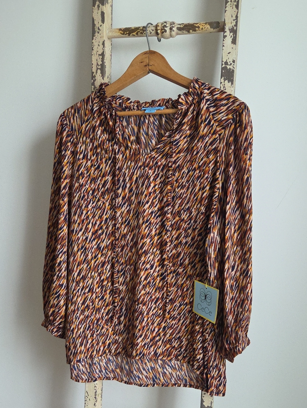 CeCe Multicolor Brushstroke Print Blouse — Brown, Navy & Cream